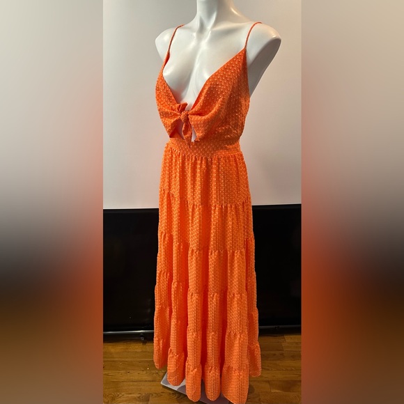Alice + Olivia Minka Tie Front Maxi Dress 8 Tiered Cut Out V-Neck Tassels Lined - Picture 4 of 6